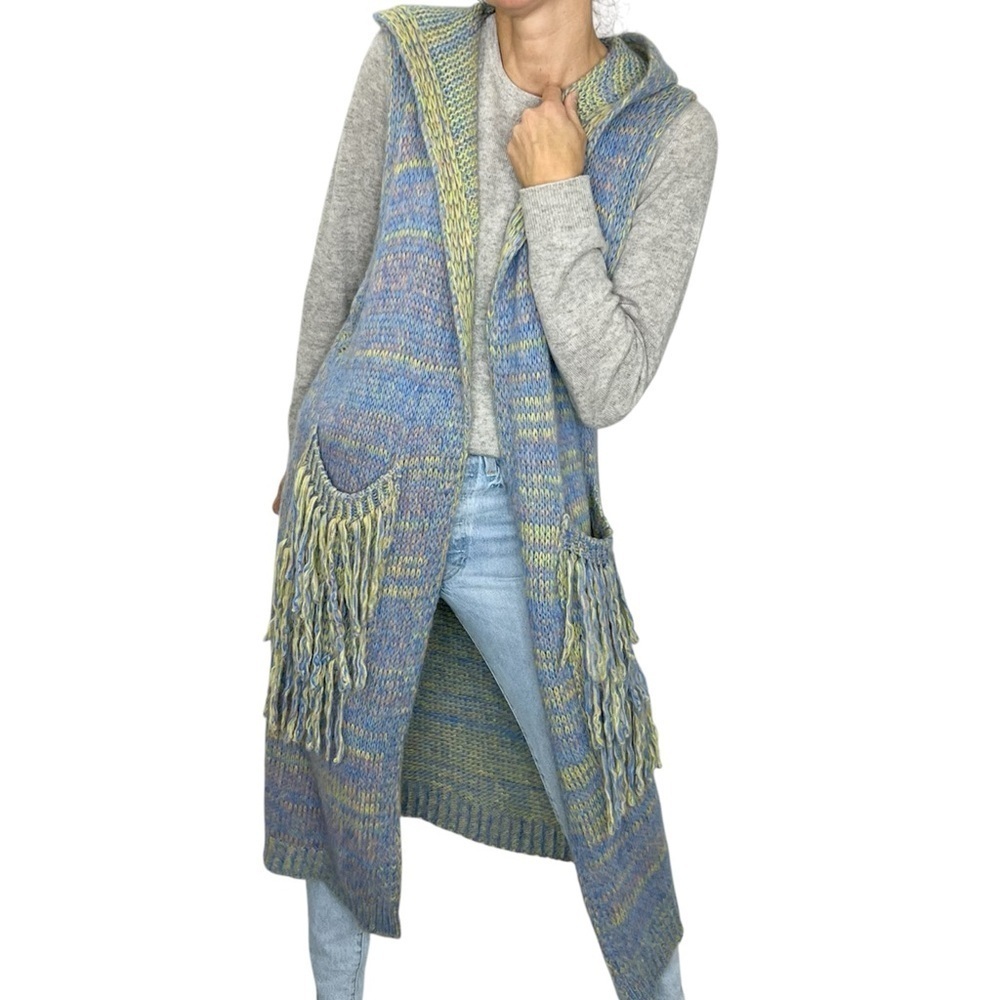 Made in Italy wool mohair blue green knit hooded fringe maxi duster sweater vest